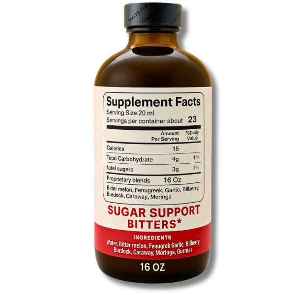 Supplement Facts label for Sugar Support Bitters – 480ml herbal dietary supplement with garlic, fenugreek, bilberry, moringa, and bitter melon.