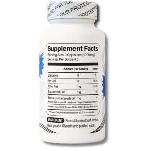 Supplement Facts label for Black Seed Oil Gel Caps with ingredients and nutrition info.