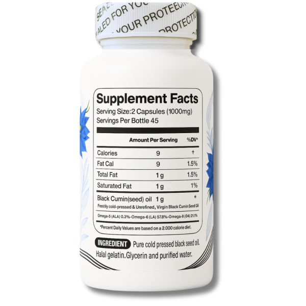 Supplement Facts label for Black Seed Oil Gel Caps with ingredients and nutrition info.