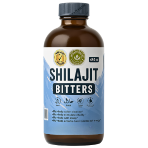 Shilajit Bitters front label – 480ml herbal vitality tonic bottle