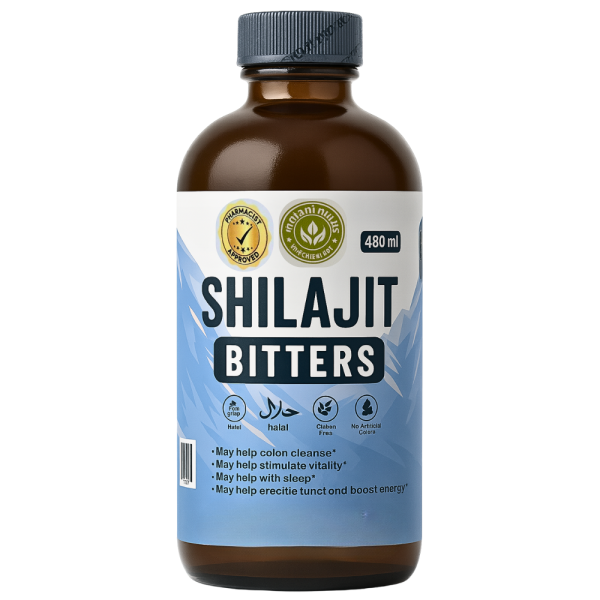Shilajit Bitters front label – 480ml herbal vitality tonic bottle