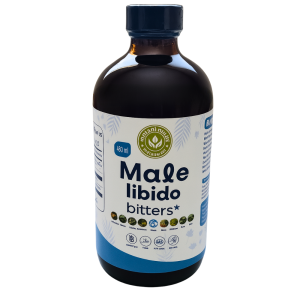 Male Libido Bitters 480ml front bottle label – herbal tonic for men with Ginseng, Maca, L-Arginine, and Ashwagandha to support libido, energy, and vitality.