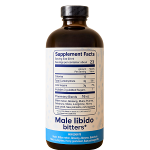 Male Libido Bitters supplement facts label – shows ingredients like Bitter Melon, Ginseng, Muira Puama, and L-Arginine in a proprietary blend for male sexual health and performance.