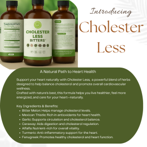 Cholester Less Bitters bottles with text highlighting heart health support and key ingredients like bitter melon, garlic, and turmeric.