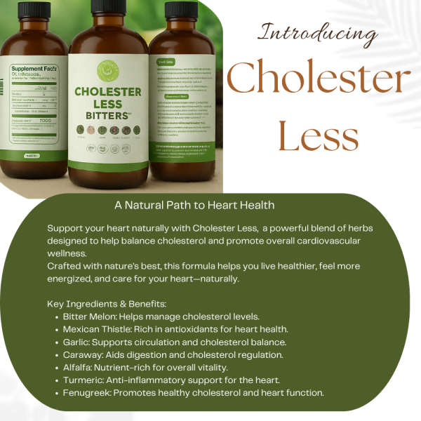 Cholester Less Bitters bottles with text highlighting heart health support and key ingredients like bitter melon, garlic, and turmeric.