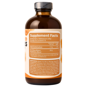 Sea Moss Bitters supplement label – shows ingredients including Irish Moss, Moringa, Ashwagandha, Rhubarb, Ginkgo, and Muira Puama.