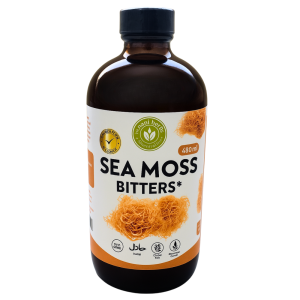 Sea Moss Bitters 480ml front label – herbal wellness tonic with Irish Moss, Moringa, and 30+ herbs for immune and digestive support.