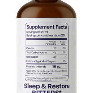 Sleep & Restore Bitters supplement facts label showing ingredients and dosage