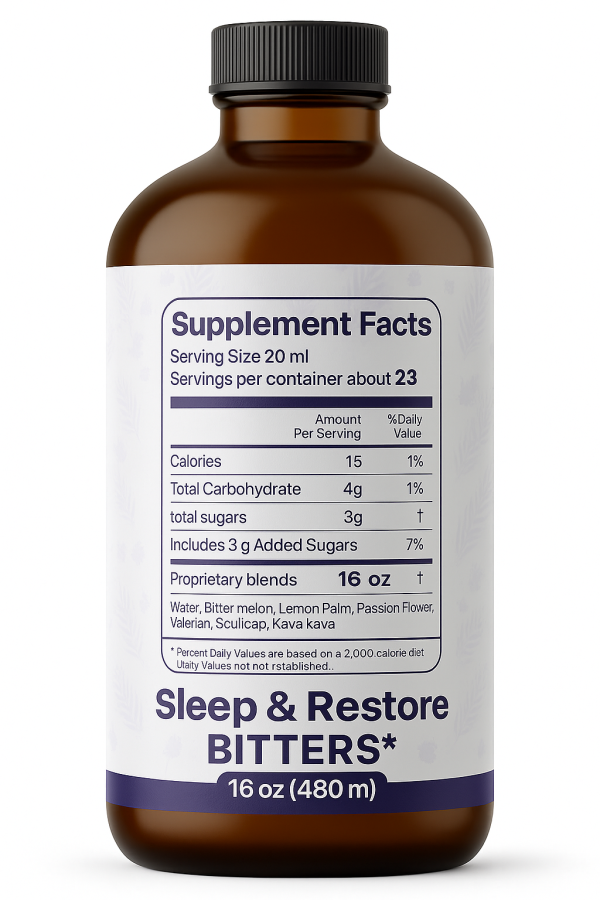 Sleep & Restore Bitters supplement facts label showing ingredients and dosage