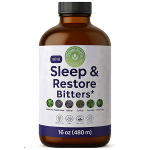 Amber glass bottle of Sleep & Restore Bitters with calming herbal label