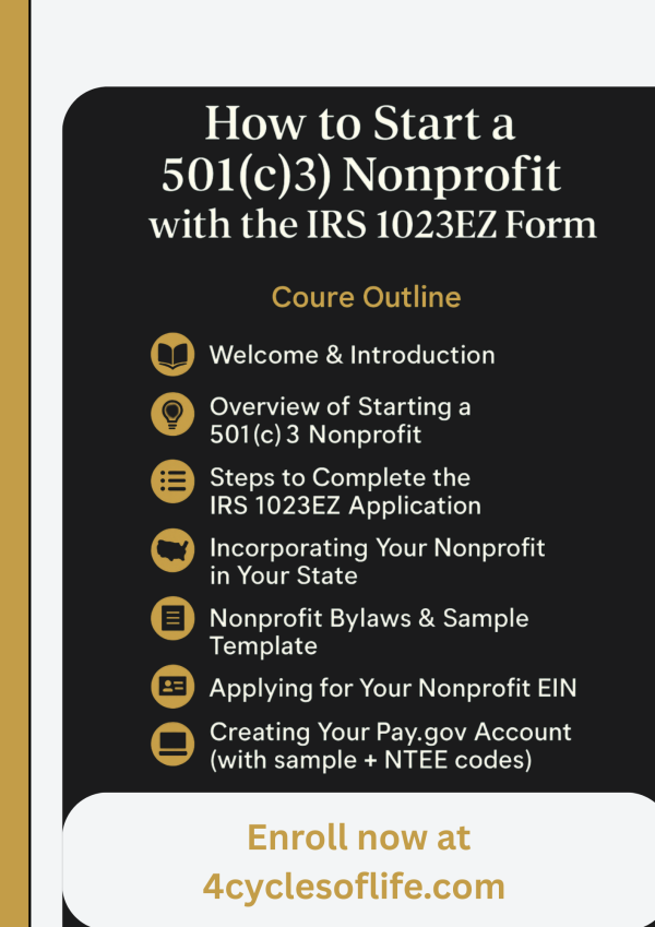 Course outline for How to Start a 501(c)(3) Nonprofit with IRS 1023EZ form step-by-step