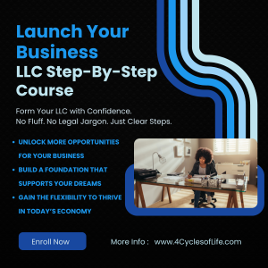 Launch Your Business LLC Step-by-Step Course banner – professional design with text highlighting forming an LLC, key benefits, and enroll now button