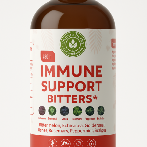 Immune Support Bitters 480 ml amber glass bottle with red and white label showing supplement facts, proprietary blend ingredients, and product name.