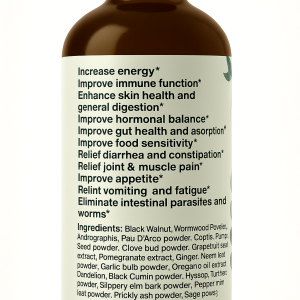 Parasites Cleanse Bitters benefits and herbal ingredients including black walnut, wormwood, clove, and pumpkin seed