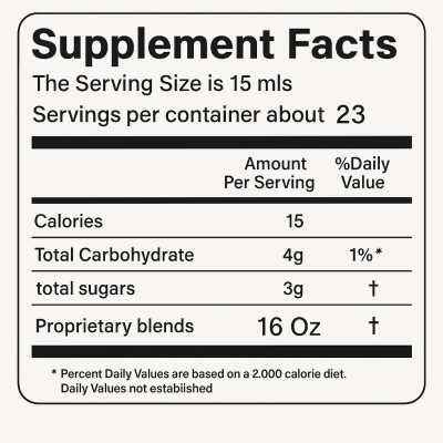 Parasites Cleanse Bitters Supplement Facts – serving size 15 ml and 23 servings per container
