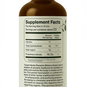 Parasites Cleanse Bitters Supplement Facts – serving size 15 ml and 23 servings per container