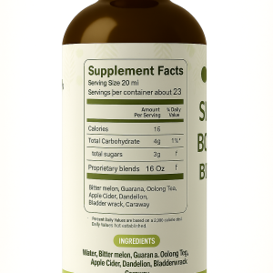 Slim Body Bitters Supplement Facts panel with serving size 20 ml, 23 servings, 15 calories
