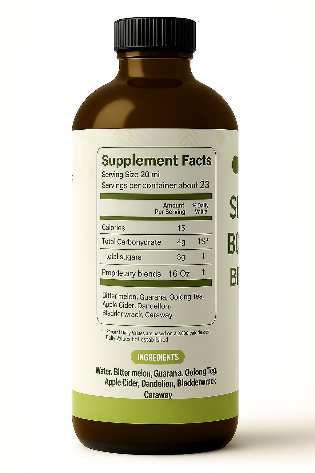Slim Body Bitters Supplement Facts panel with serving size 20 ml, 23 servings, 15 calories
