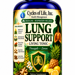 Lung Support Living Tonic by 4 Cycles of Life combines mullein, marshmallow root, pleurisy root, ginger, licorice, pineapple, and lemon.