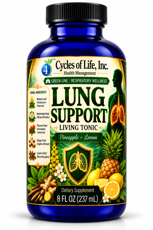 Lung Support Living Tonic by 4 Cycles of Life combines mullein, marshmallow root, pleurisy root, ginger, licorice, pineapple, and lemon.