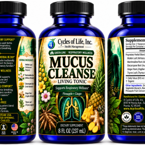Mucus Cleanse Living Tonic front side and Supplement Facts views
