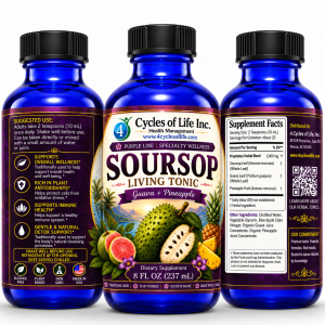 Soursop Living Tonic front side and Supplement Facts views