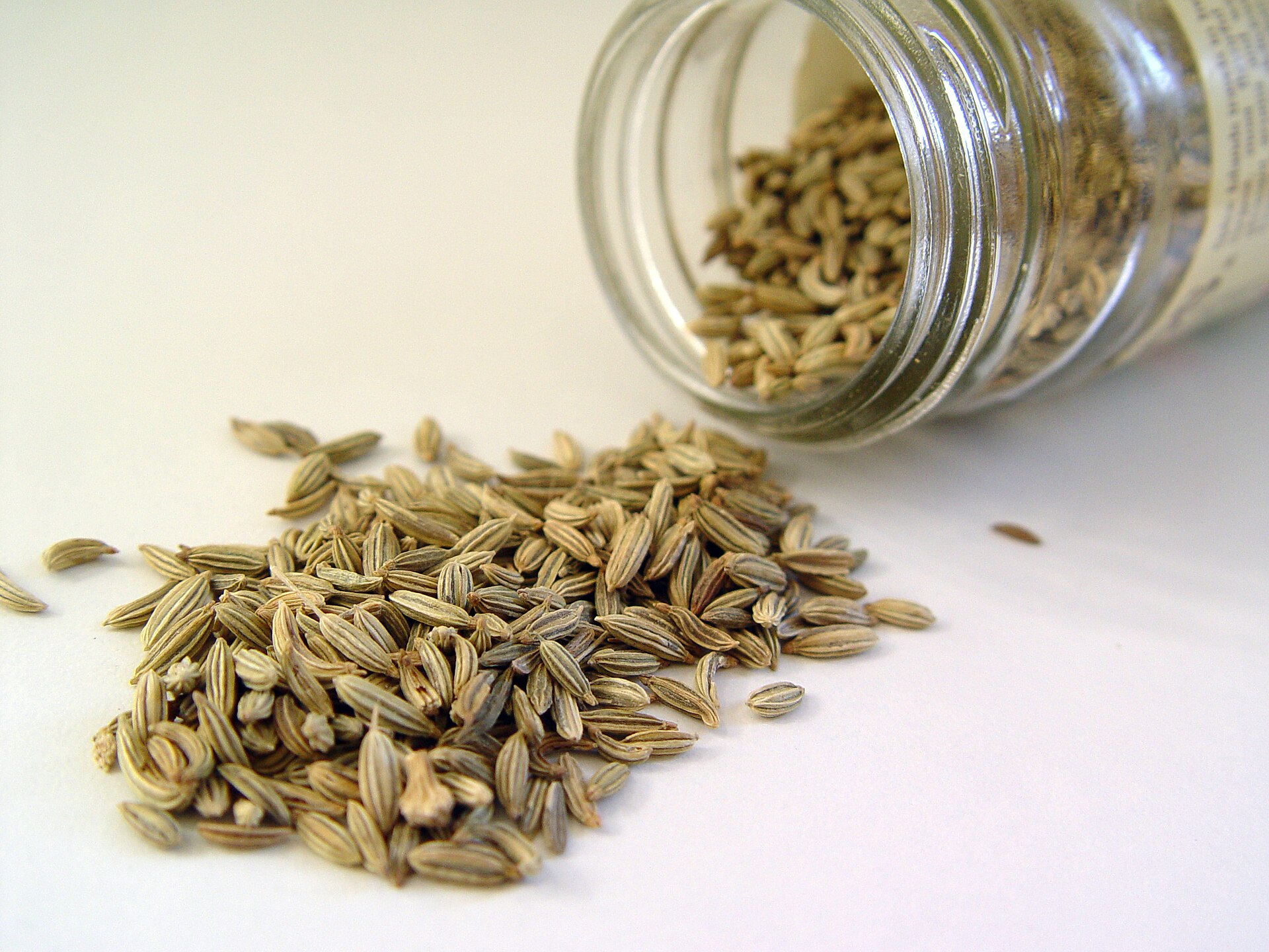 Fennel seeds spilling from a glass jar