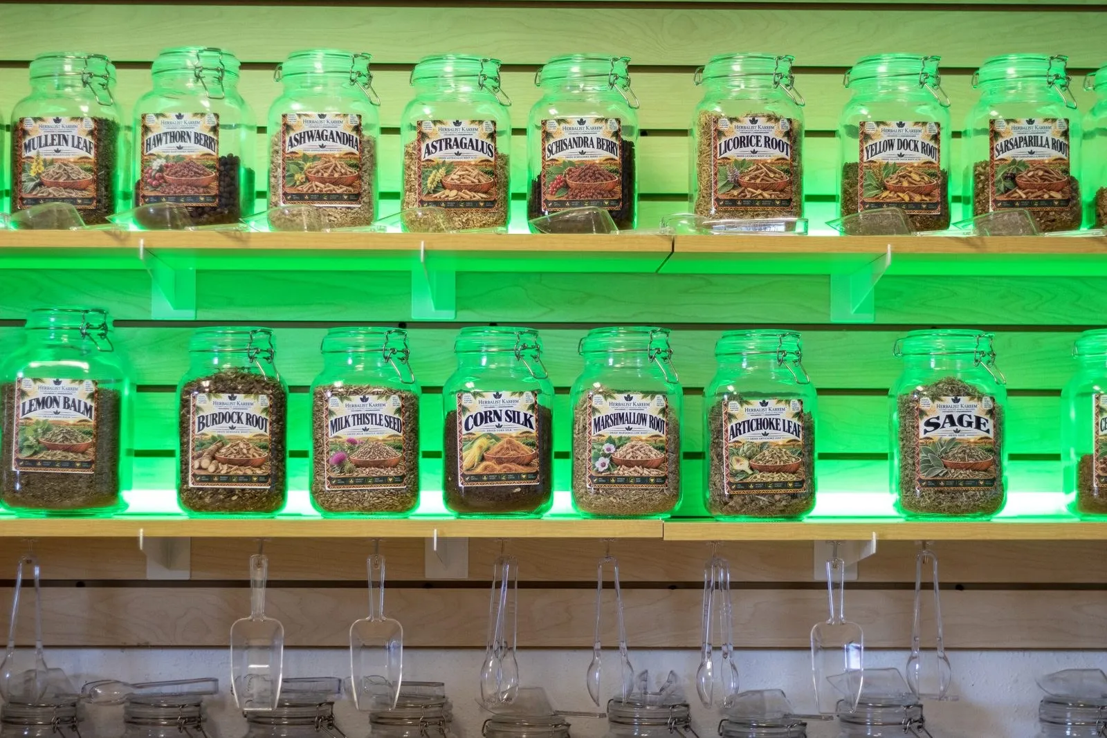 Shelves of living tonics, teas and oils at 4 Cycles of Life